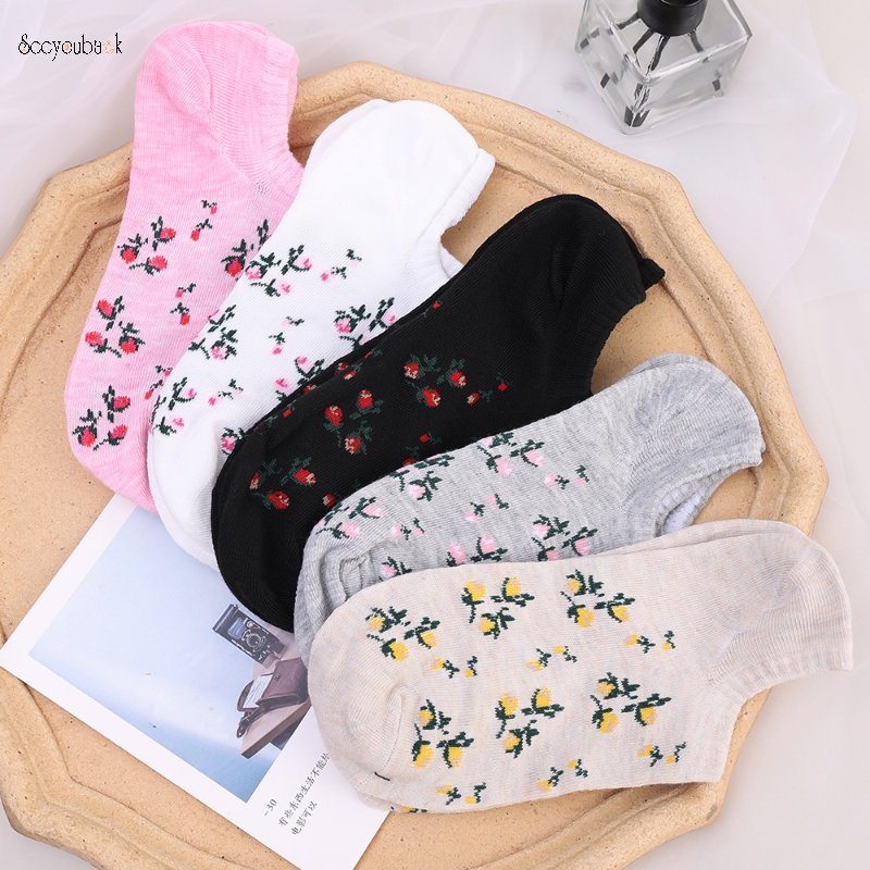 Vớ Cotton Polyester Mềm Cao Đến Mắt Cá Chân Chống Trượt Thấm Hút Mồ Hôi Thêu Họa Tiết Hoa Dành Cho Nữ