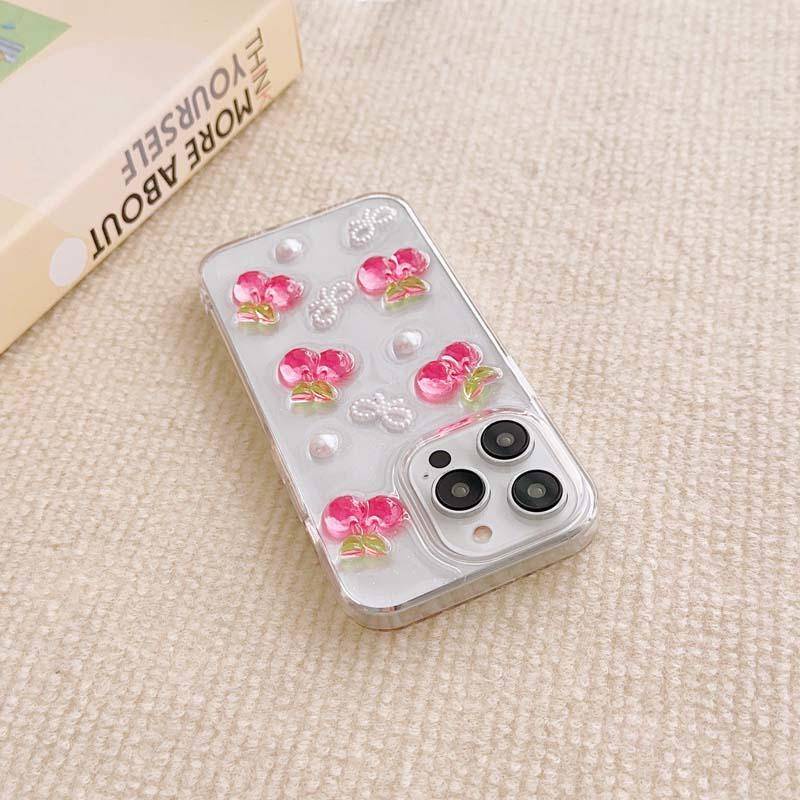 Ốp Điện Thoại Silicon Mềm Trong Suốt Hình Cherry 3D Dễ Thương Cho iPhone 14 13 12 11Promax + X XS MAX XR 7 8 + SE 2022 2020 14 + 13Mini 12Mini