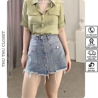 Chân váy bò ngắn hàng khuy siêu đẹp, chân váy jean viền rách tua rua 2 màu xanh, đen khói. Size S M L