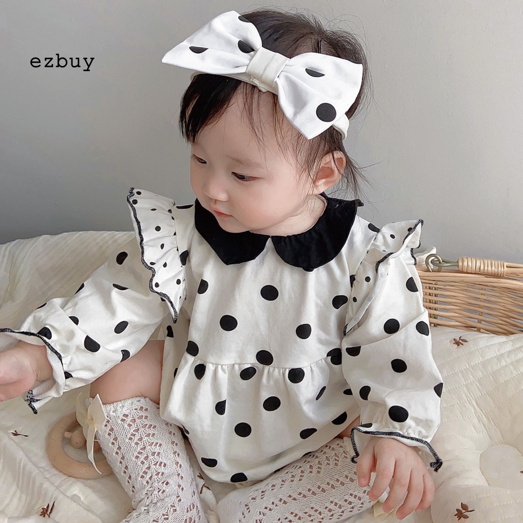 Set 2 Món Áo Liền Quần Bằng Cotton Thân Thiện Với Da In Họa Tiết Chấm Bi + Băng Đô Cài Tóc Cho Bé Gái