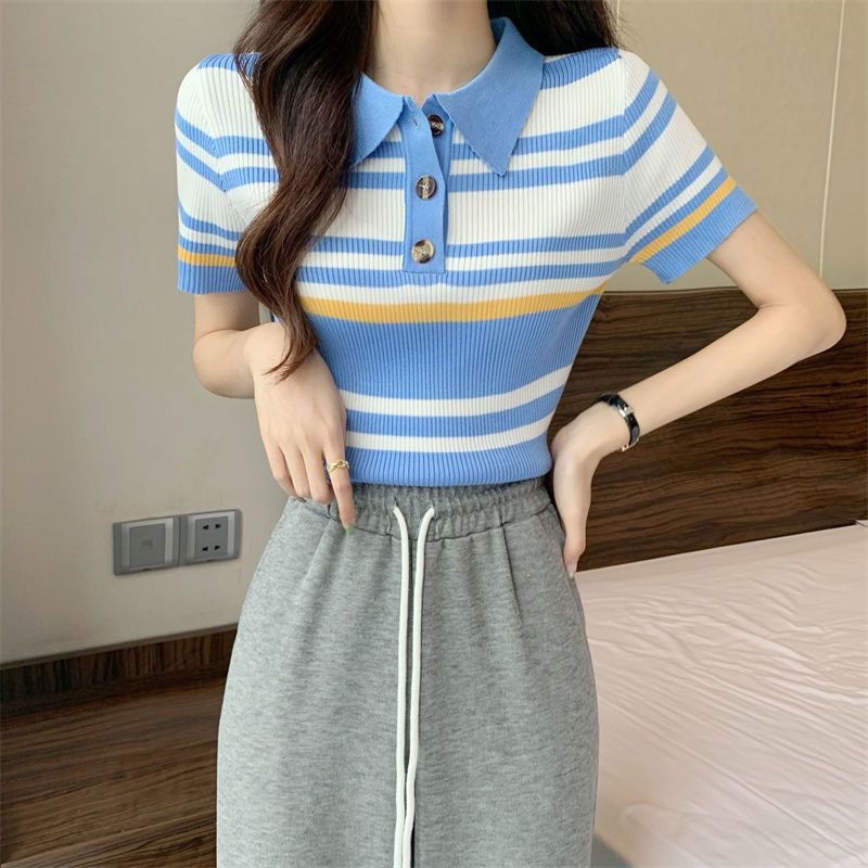 Áo polo Ngắn Tay Họa Tiết Sọc Ngang Thời Trang Dành Cho Nữ