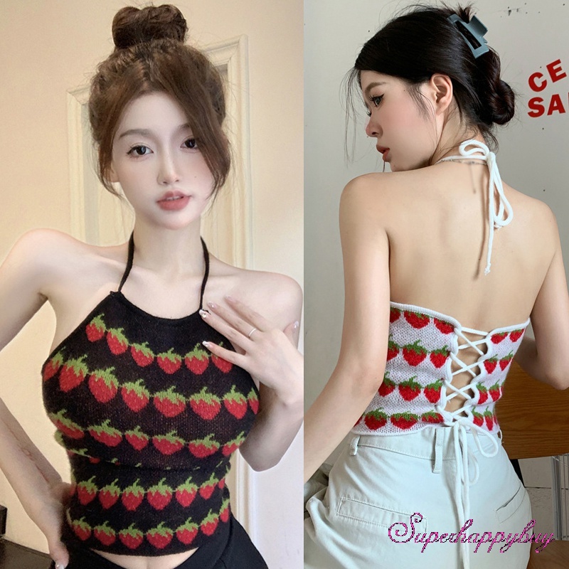 Áo Tank Top Dệt Kim Hai Dây Dáng Ôm In Họa Tiết Dâu Tây Xinh Xắn Thời Trang Cho Nữ