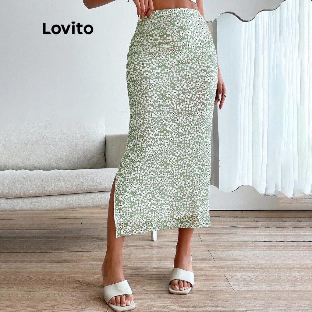 Lovito Chân váy thun lưng thun phối hoa phong cách Boho cho Nữ L49ED079 (Màu xanh lợt)