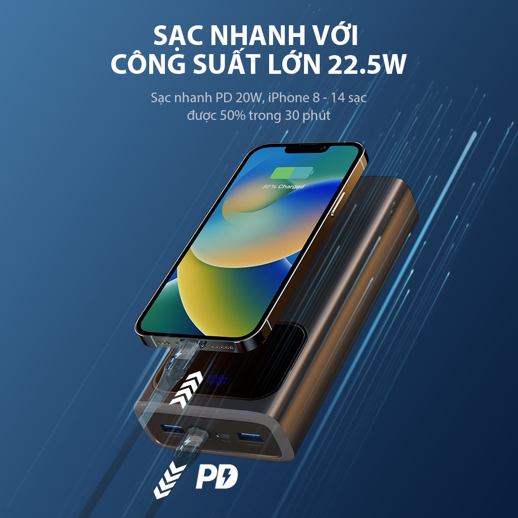 Pin dự phòng sạc nhanh VIVAN VPB-C30 Xanh 30000mAh Hiển thị đèn LED PD+QC3.0 22.5W- bảo hành 12 tháng