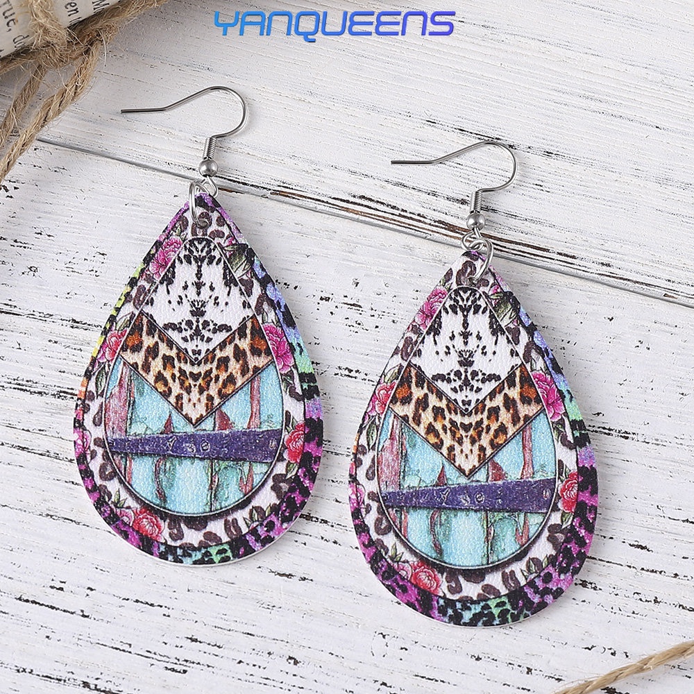 Bông Tai Bằng Da Hai Mặt Hình Giọt Nước Họa Tiết Hoa Đính Đá Ngọc Lam Phong Cách Vintage Dân Tộc