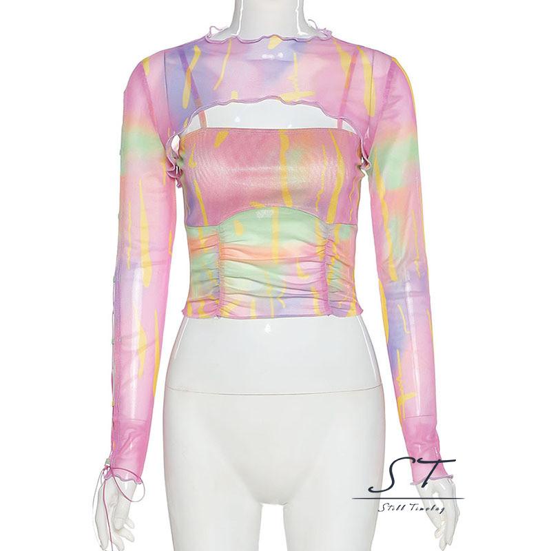 Bộ Áo Croptop Dài Tay Cổ Tròn + Áo Hai Dây Nhún Bèo CY03- Thời Trang Mùa Hè Cho Nữ