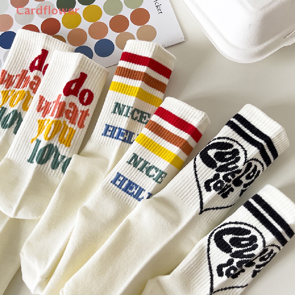 < Cardflower > Vớ Cotton Trắng Thể Thao Mùa Thu Họa Tiết Kẻ Sọc In Chữ Vui Nhộn Mới Cho Nữ