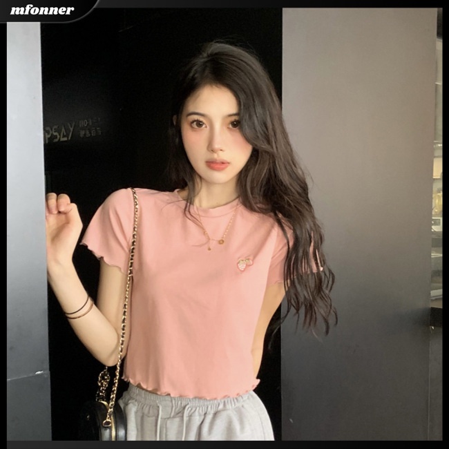 Áo Croptop Ngắn Tay Cổ Tròn Thêu Họa Tiết Ngọt Ngào