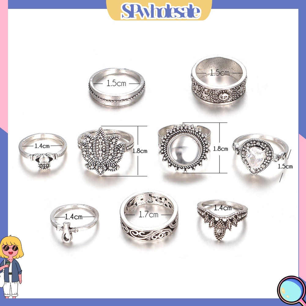 <SPwholesale> Set 9 Nhẫn Đốt Ngón Tay Đính Đá Phong Cách Retro