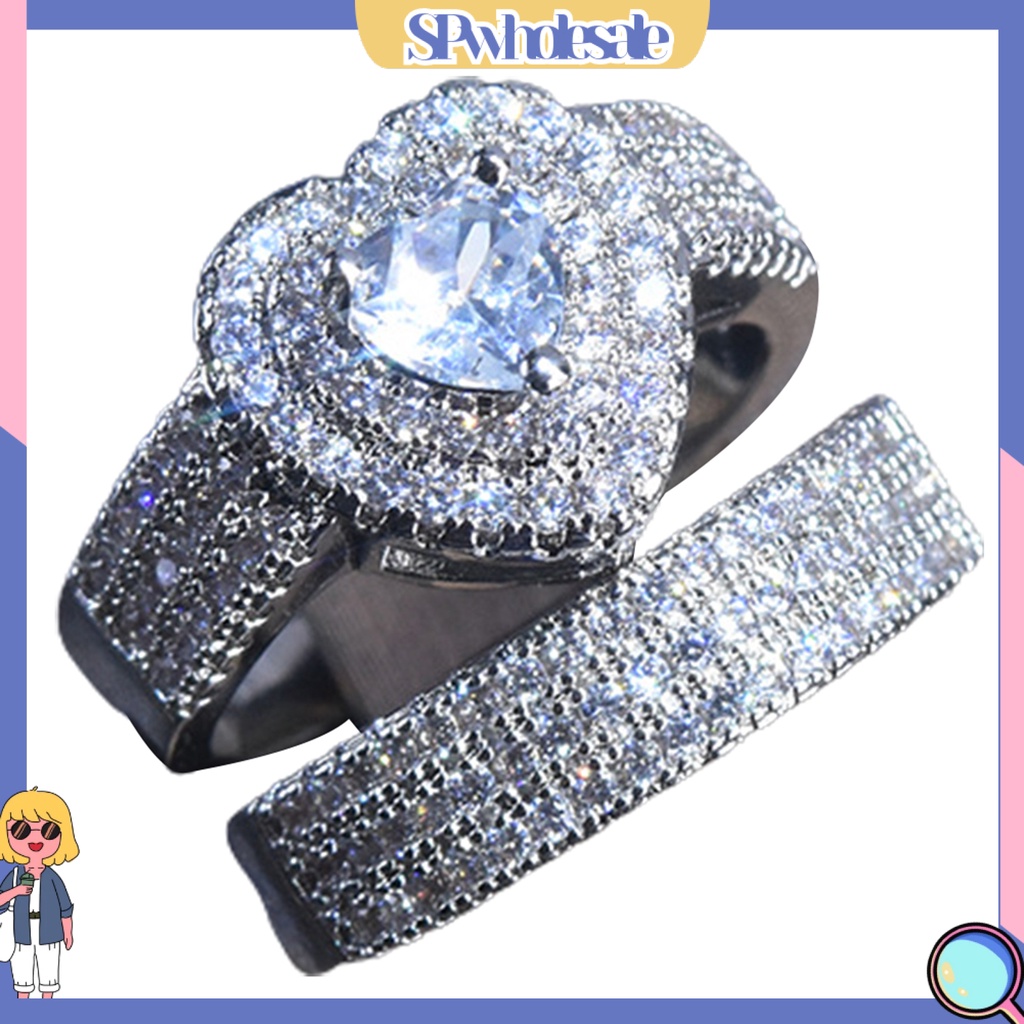 <SPwholesale> Bộ 2 Nhẫn Đính Đá Hình Trái Tim Sang Trọng Cho Cô Dâu