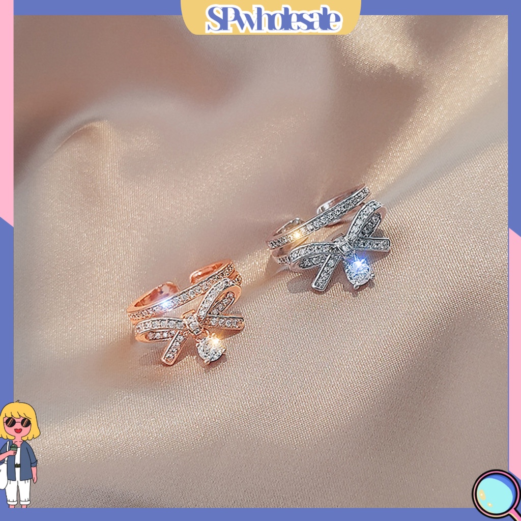 <SPwholesale> Nhẫn Hở Hai Lớp Đính Đá Zircon Hình Nơ Bằng Hợp Kim Sang Trọng Cho Ngày Valentine
