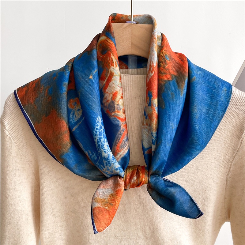 Khăn Choàng Cổ Hình Vuông Cỡ Nhỏ Vải Nhung Cotton Lanh In Họa Tiết Tranh Sơn Dầu Kiểu Retro Thời Trang Xuân Thu 65x65cm