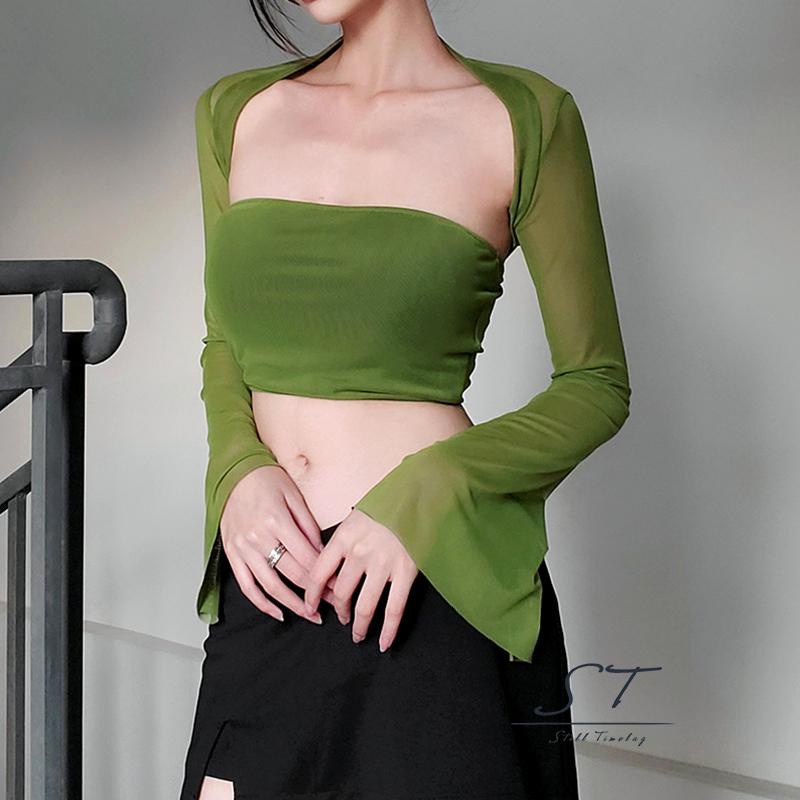 Áo Croptop Trễ Vai Không Tay Màu Trơn + Áo Lưới Dài Tay Thời Trang Đường Phố CY03