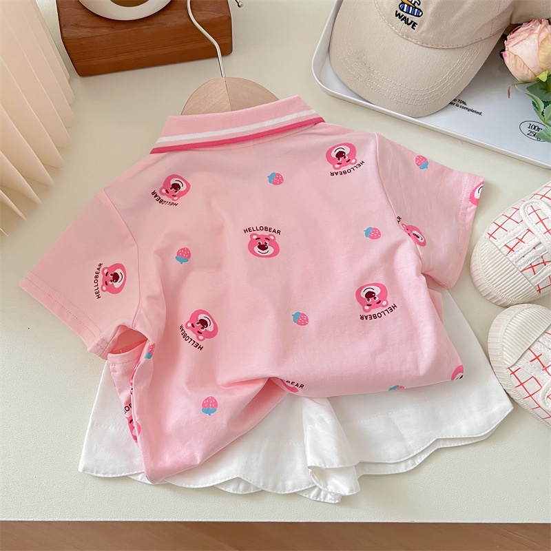 Áo Thun Polo Ngắn Tay Họa Tiết Hoạt Hình Gấu Và Dâu Tây Thời Trang Mùa Hè Cho Bé Gái