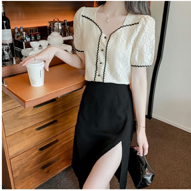 Mới Đầm Chiffon Tay Ngắn Phối Ren Thời Trang Mùa Hè