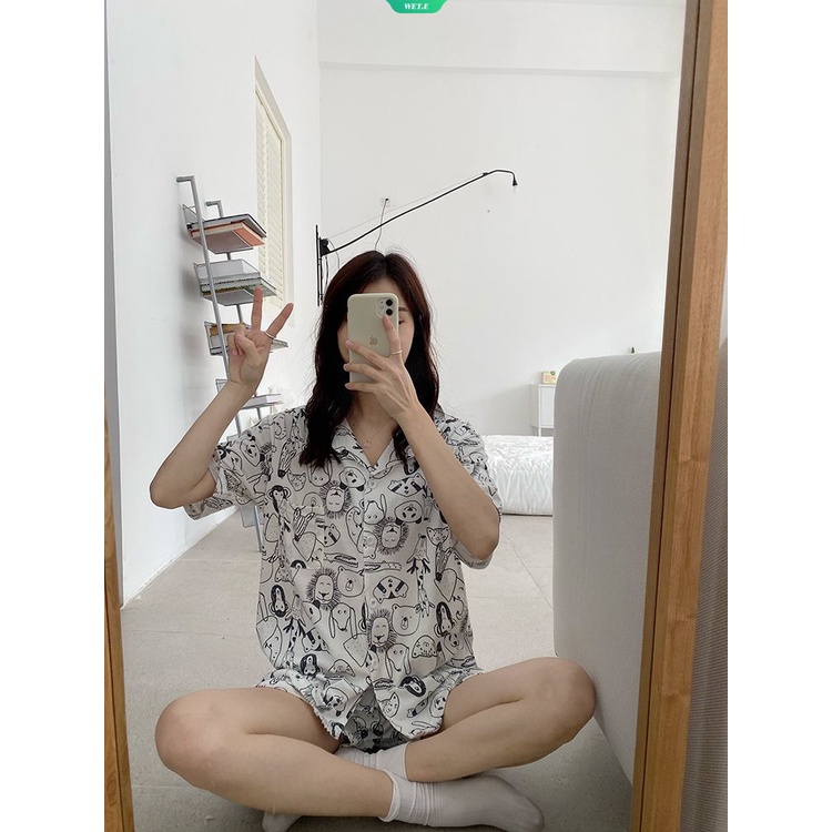 Bộ Đồ Ngủ Tay Ngắn In Họa Tiết Hoạt Hình Động Vật Dễ Thương Thời Trang Mùa Hè 2023 Cho Nữ