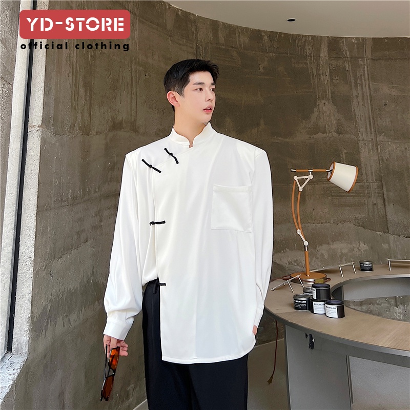 Áo Sơ Mi Tay Dài Cổ Đứng Cài Nút Họa Tiết Thổ Cẩm Kiểu Trung Hoa Thời Trang Xuân Thu Cho Nam