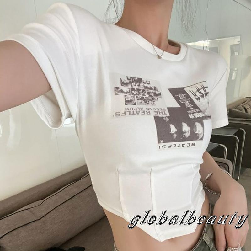 Áo Thun Crop Top Tay Ngắn Cổ Tròn Dáng Ôm In Họa Tiết Phong Cách Vintage Dành Cho Nữ