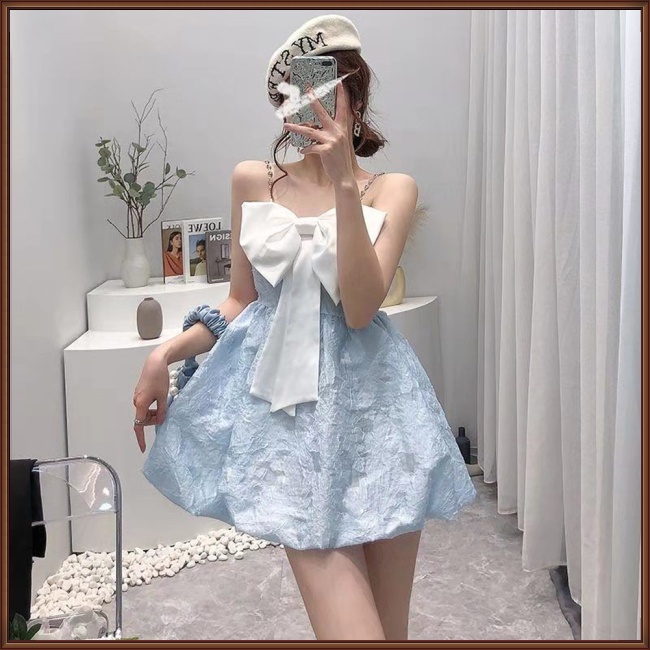 Đầm Công Chúa Không Tay Eo Cao Đính Nơ Thời Trang Mùa Hè Cho Nữ