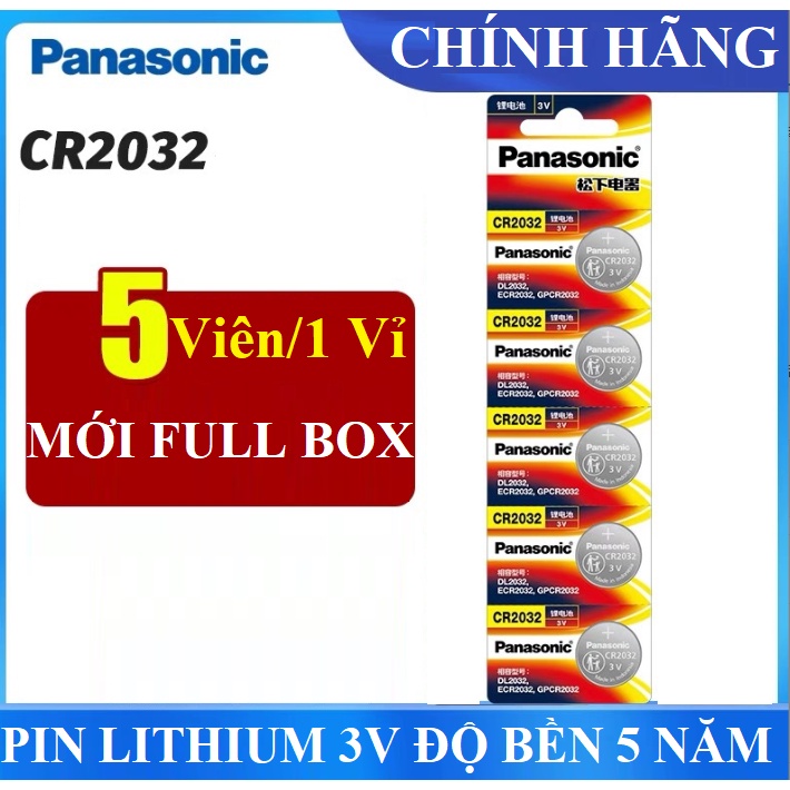 Vỉ 5 viên pin cúc Lithium 3V CR2032 PANASONIC pin nút cho Cmos, điều khiển, chìa khóa ô tô, xe máy, cửa cuốn CHÍNH HÃNG