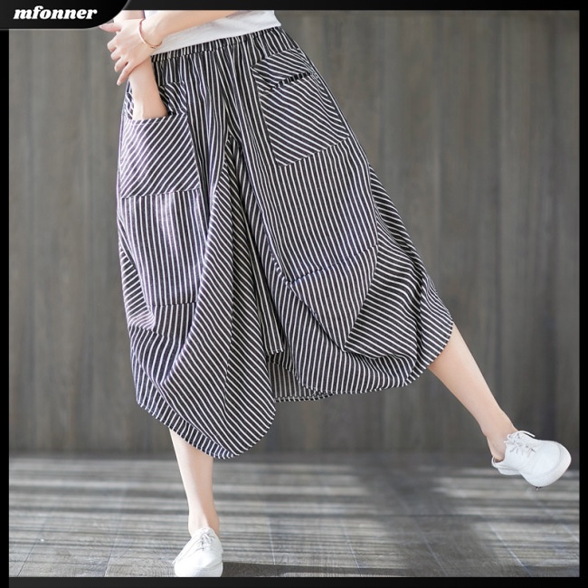 Chân Váy Cotton Lanh Dáng Suông Kẻ Sọc Lưng Thun Có Túi Cho Nữ