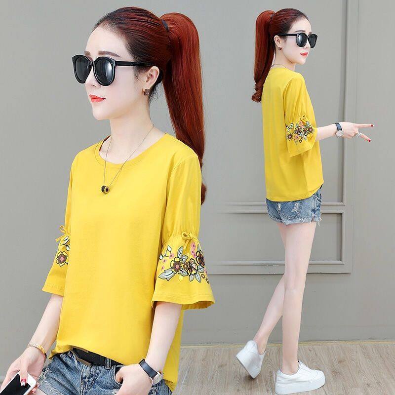 Áo Thun Cotton Tay Lửng Dáng Rộng Thêu Họa Tiết Phong Cách Hàn Quốc Thời Trang Mùa Hè Mới Cho Nữ