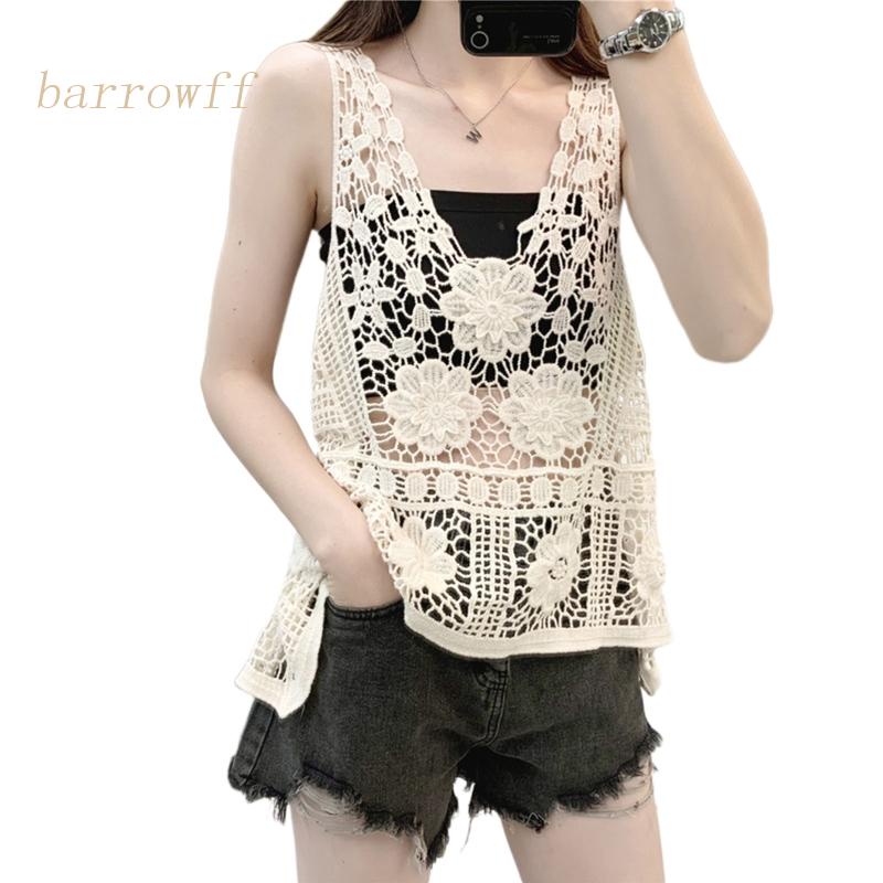 Brroa Áo Tank Top Dệt Kim Dáng Rộng Màu Trơn Phối Viền Rỗng Nhẹ Nhàng Kiểu Boho Mùa Hè Cho Nữ C