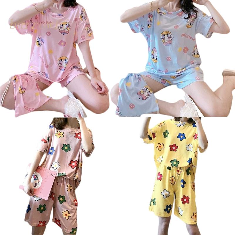 Bộ Đồ Ngủ 2 Món Áo Tay Ngắn Phối Quần Short In Hoa Dễ Thương Thời Trang Mùa Hè Cho Học Sinh