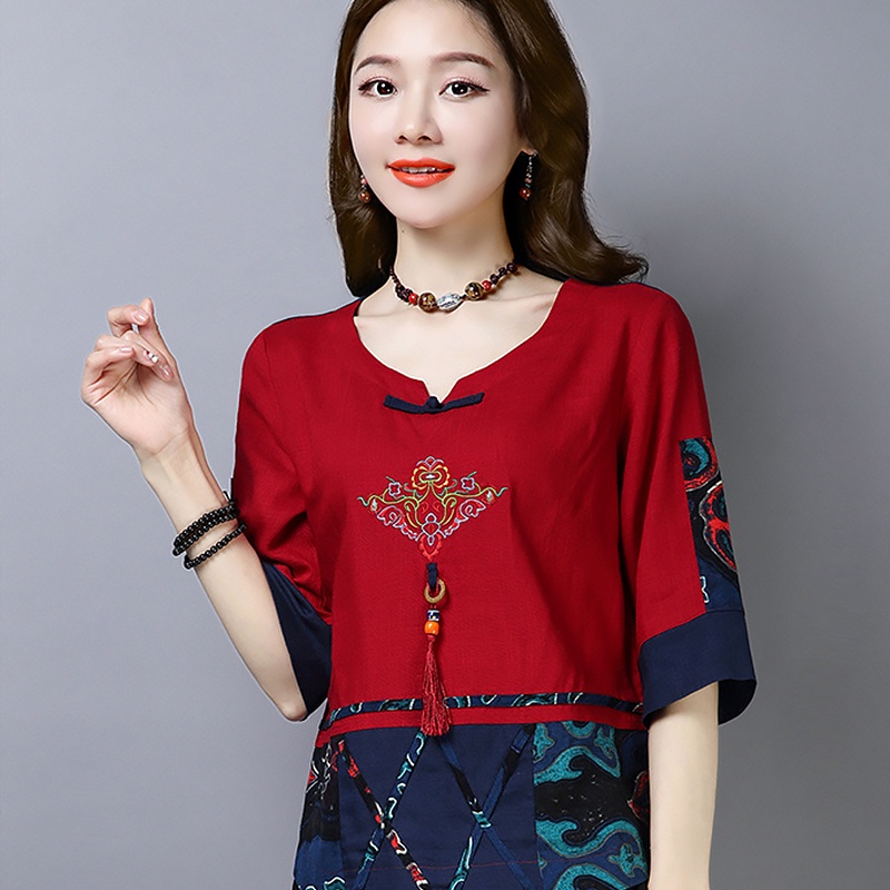 Áo cotton Lanh Dáng Rộng Thêu Hạt Gỗ Phong Cách retro Cho Nữ