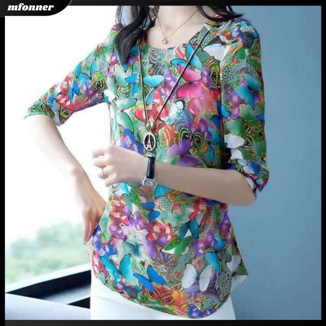 Áo Thun Tay Ngắn Cổ Tròn In Hình Bướm Thời Trang Cho Nữ
