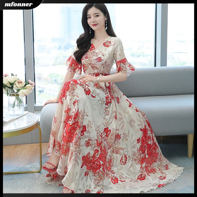 Đầm Tay Ngắn Cổ Chữ V Ôm Eo Thoáng Khí In Họa Tiết Hoa Phong Cách Phương Tây Thời Trang Mùa Xuân Cho Nữ