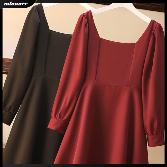 Đầm Dáng Chữ A Cổ Vuông Eo Cao Màu Sắc Đơn Giản Thanh Lịch Cho Nữ