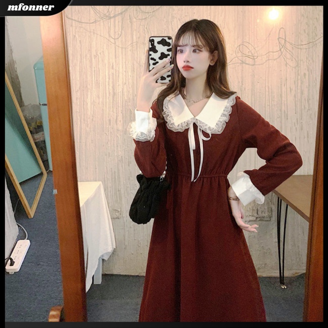 Đầm Tay Dài Cổ Búp Bê Phối Ren Dáng Chữ A Thời Trang Năm Mới Cho Nữ