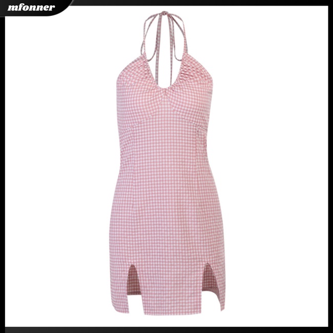 Đầm Nữ Dáng Chữ A Hở Vai Cổ Chữ U Lưng Cao Họa Tiết Caro Thời Trang