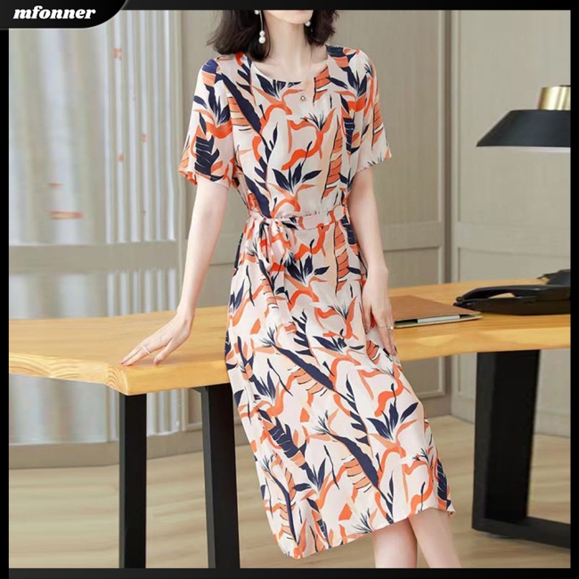 Đầm Midi Tay Ngắn Cổ Tròn Buộc Eo In Họa Tiết Lãng Mạn Thời Trang Cho Nữ