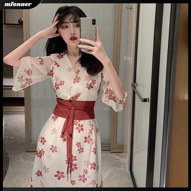 Set 2 Món Đầm Voan Hoa Tay Ngắn + Thắt Lưng Mỏng Phong Cách Retro Cho Nữ