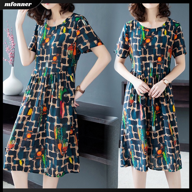 Đầm Tay Ngắn Cổ Tròn Dáng Rộng In Hoa Thời Trang Mùa Hè Xinh Xắn Cho Nữ