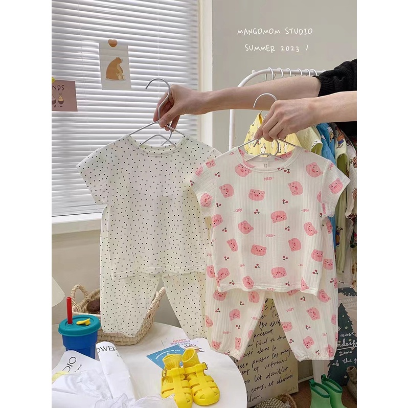 80-140cm Mùa Hè Phong Cách Mới Bé Gái Mặc Bên Ngoài Bộ Đồ Ngắn Tay Cho Bé Mùa Hè Bộ Đồ Hai Mảnh Phiên Bản Hàn Quốc Bộ Đồ Ngủ Tây Mềm Mại Thoáng Khí