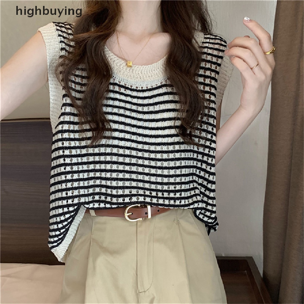 Áo Dệt Kim Không Tay Dáng Rộng Họa Tiết Kẻ Sọc Thời Trang Mùa Hè Cho Nữ