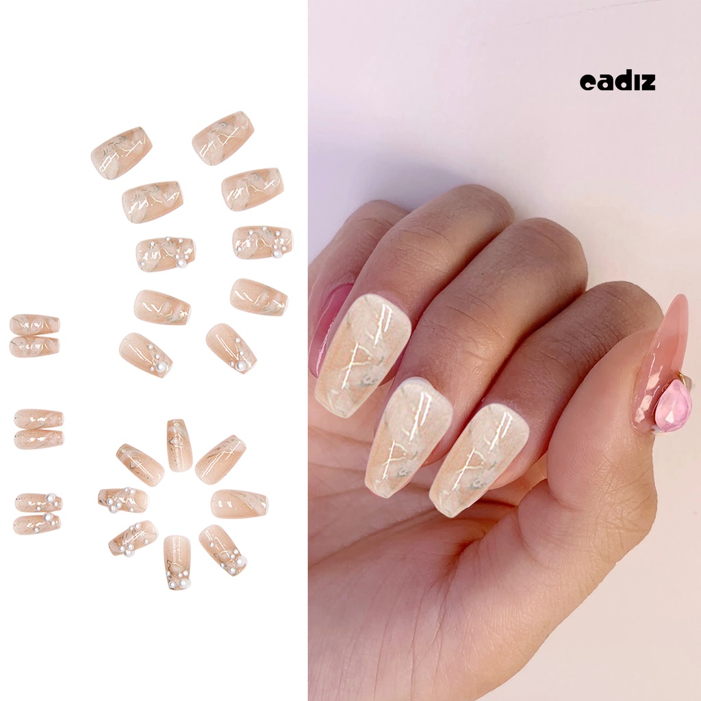 Bộ 24 Móng Tay Giả Trong Suốt Dạng Nhấn Đính Ngọc Trai Có Keo Độ Bóng Cao Cho Salon DIY