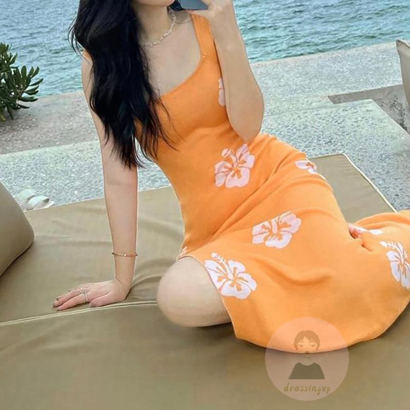 Đầm Hai Dây Dệt Kim Cổ Vuông Hở Lưng Xẻ Tà Họa Tiết Hoa Thời Trang Mùa Hè Cho Nữ