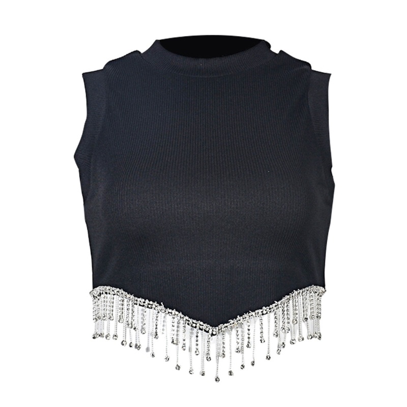 Áo Croptop Sát Nách Phối Tua Rua Đính Đá Phong Cách Đường Phố Cho Nữ Y2k