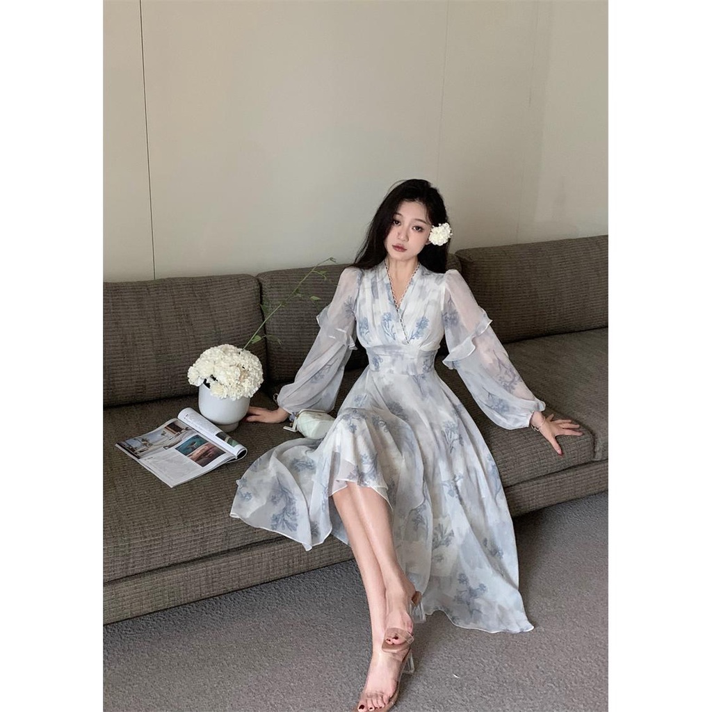 Đầm maxi Vải Voan Cổ V Tay Dài In Hoa Kiểu Pháp Thời Trang Mùa Hè Cho Nữ