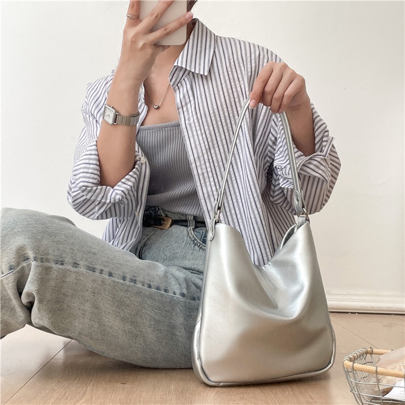 Túi Xách Da PU Sức Chứa Lớn Màu Bạc Thời Trang Cho Nữ