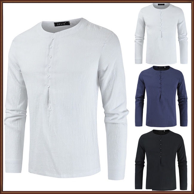 Áo Sơ Mi Cotton Lanh Cổ Tròn Tay Dài Màu Trơn Thời Trang Mùa Hè Cho Nam Giới