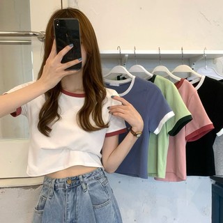 Áo Thun Nữ áo croptop ôm kiểu Ngắn Tay Cổ Tròn Màu Tương Phản Thời Trang Mùa Hè Hàn Quốc Mới 2023 Kích Thước Lớn Cho