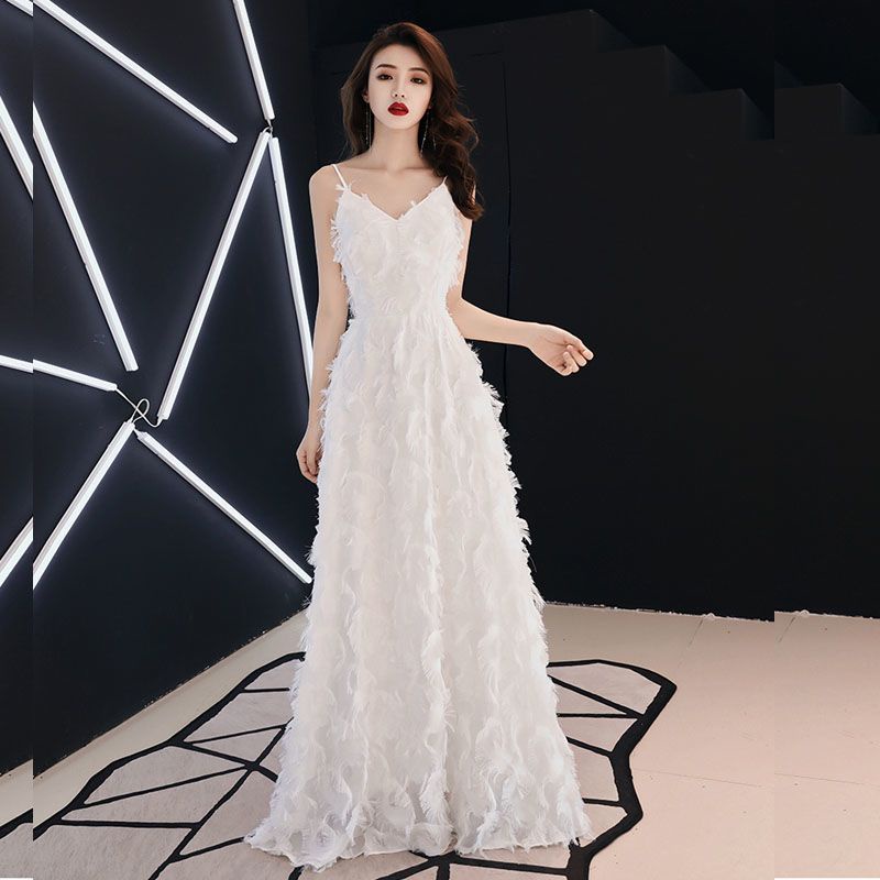 Đầm Dự Tiệc Hai Dây Dáng Dài Phối Lông Vũ Thời Trang Sang Trọng Cho Nữ