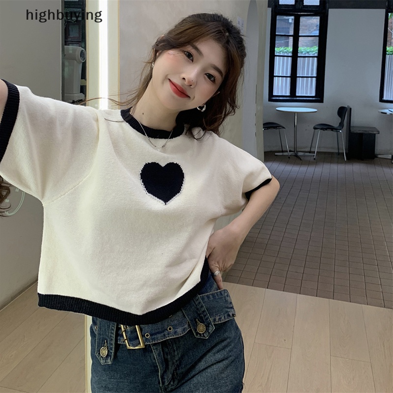 Áo Thun Croptop Dệt Kim Tay Ngắn Cổ Tròn Dáng Rộng In Hình Trái Tim Thời Trang Mùa Hè Cho Nữ