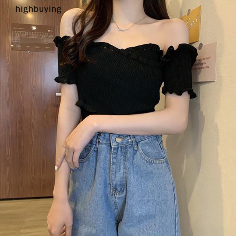 Áo Croptop Dệt Kim Trễ Vai Tay Ngắn Thời Trang Mùa Hè Cho Nữ