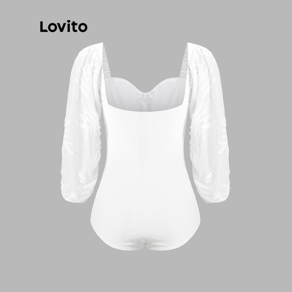 Đồ bơi một mảnh Lovito phối nút phía trước vải xếp nếp họa tiết thêu chắp vá mặc thường ngày cho nữ L50AD012 (trắng)